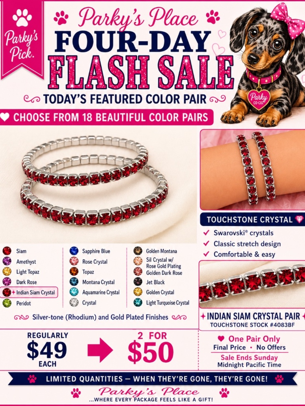 Touchstone Indian Siam Crystal Pair Bracelets | Rhodium Finish